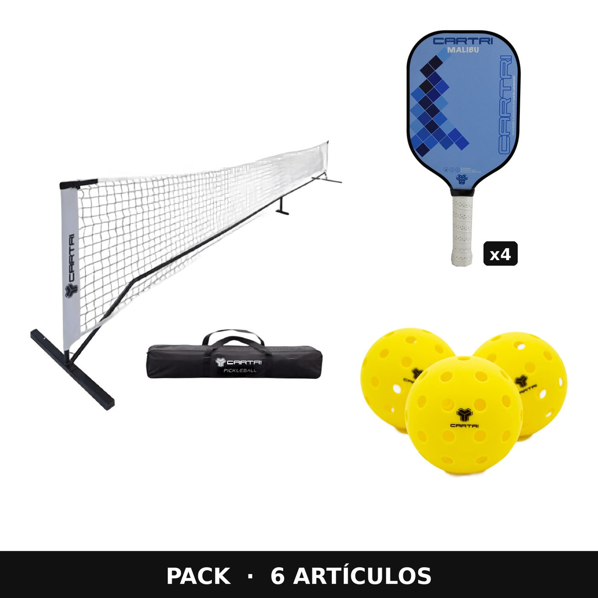 Pack Cartri pickleball full set: red, 4 palas Malibú y 12 pelotas