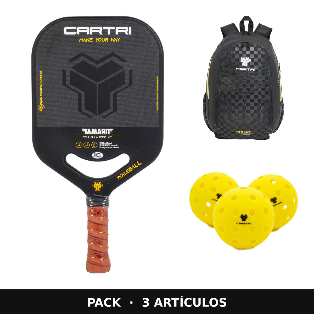 Pack Cartri pickleball: pala Tamarit Valhalla, mochila Akan y 12 pelotas